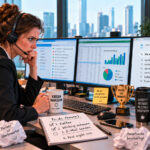 Frau arbeitet konzentriert an mehreren Monitoren in einem Büro
