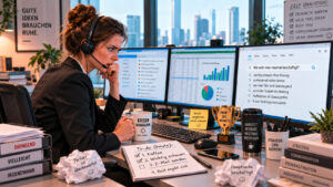 Frau arbeitet konzentriert an mehreren Monitoren in einem Büro