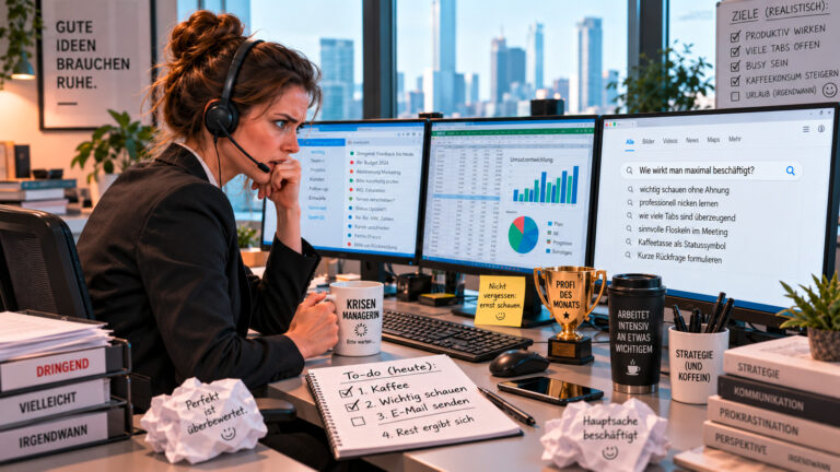 Frau arbeitet konzentriert an mehreren Monitoren in einem Büro